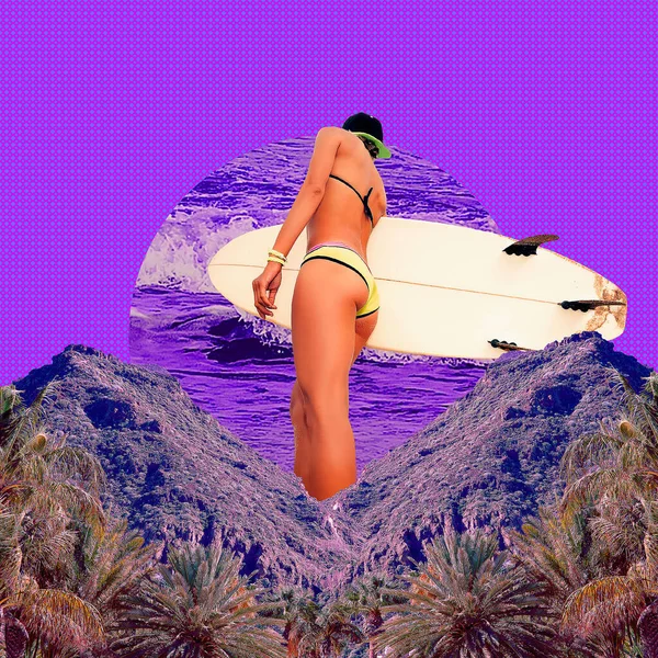 Contemporary Art Collage Surfing Girl Tropical Palm Ocean Landscape — Stock Photo, Image