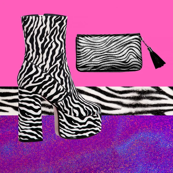 Colagem Arte Contemporânea Impressão Zebra Conceito Elegante Sapatos Moda Embreagem — Fotografia de Stock