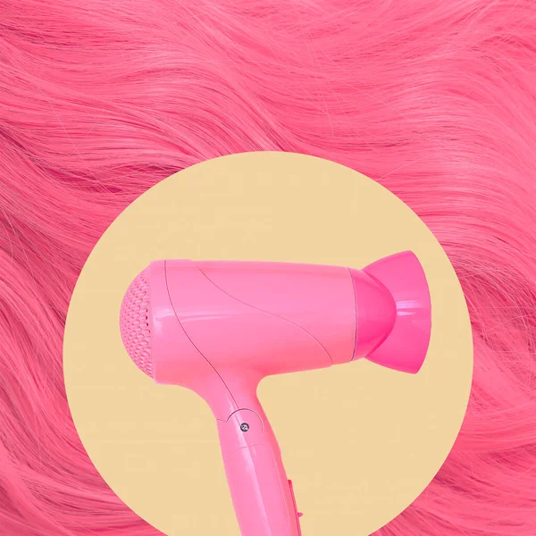 Contemporary art collage. Pink hair dryer. Fashion hairdresser stylish concept