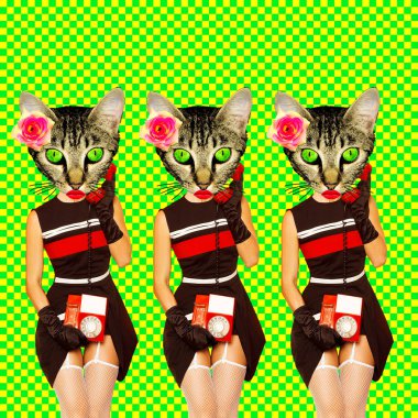 Çağdaş sanat kolajı. Klasik Kitty Girl. Komik Destek Servisi kavramı