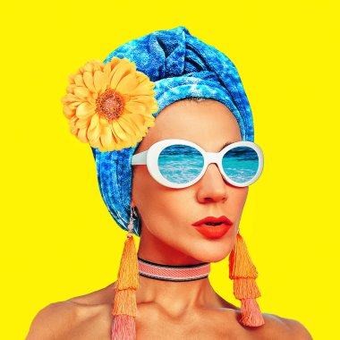 Çağdaş sanat kolajı. Tatil Moda Kızı Küba Sahili Tarzı
