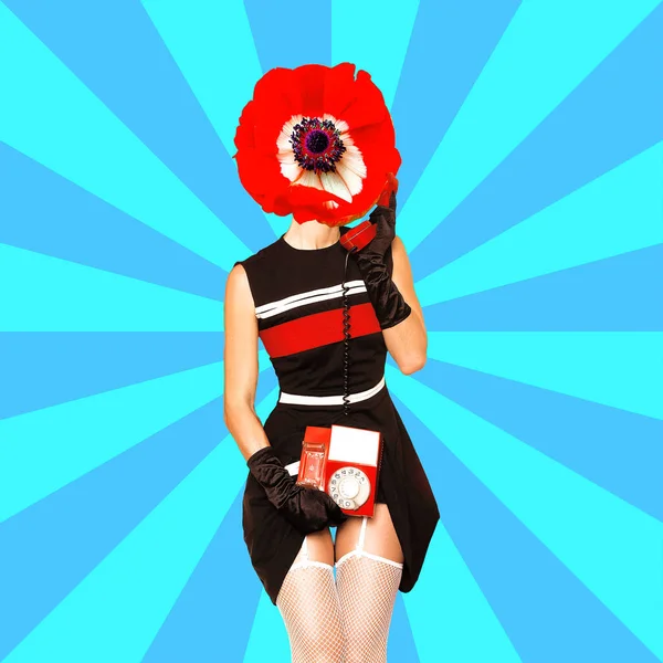 Contemporary Art Collage Vintage Poppy Girl Playful Concept — Stock Photo, Image