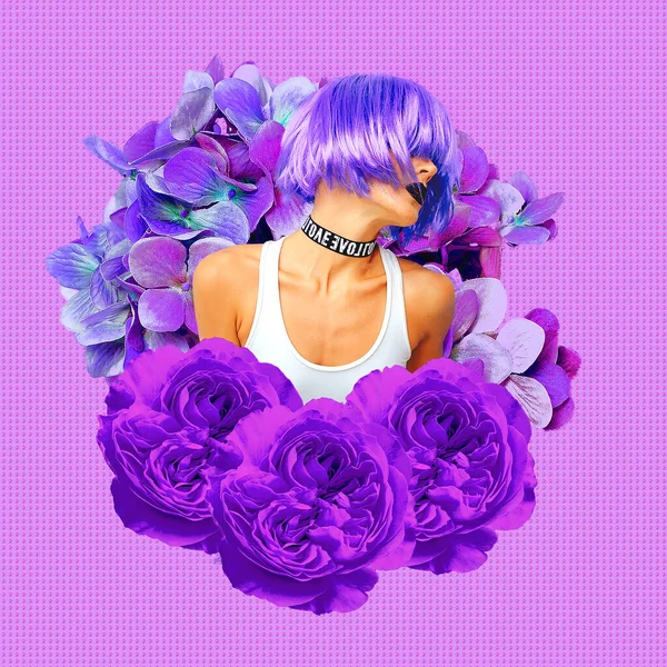 当代艺术拼贴 理发师的服务创意理念 有紫色头发的时尚女郎 — 图库照片