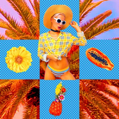 Çağdaş sanat kolajı. Tatil ülkesi Küba Kumsalı Kızı Rahatlama Tarzı