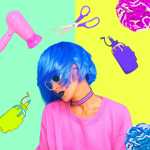 Contemporary Art Collage Hairdresser Services Idea Fashion Girl Purple Stylish — Stock Photo, Image