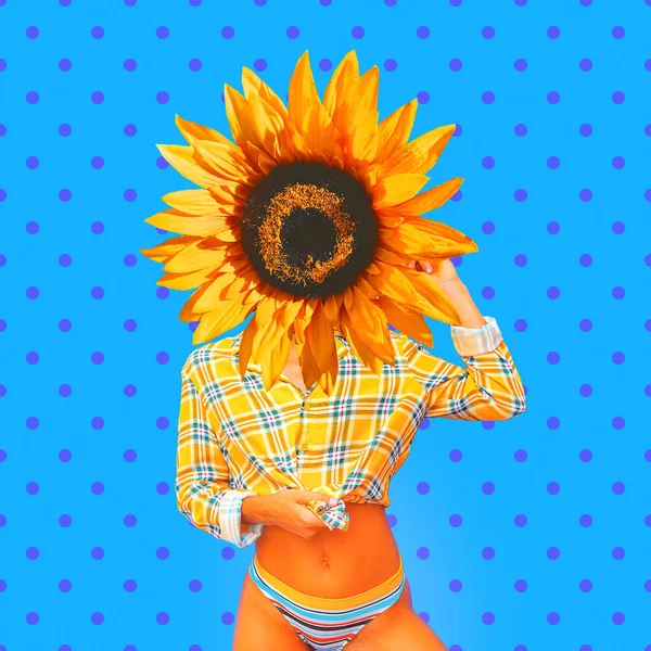 Contemporary Art Collage Sunflowers Country Girl Beach Relax Summer Style — Stock Photo, Image