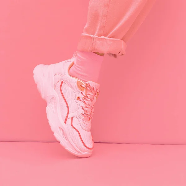 Fashion Sneakers Shoes Minimal Monochrome Design Pastel Pink Aesthetic — Stock Photo, Image