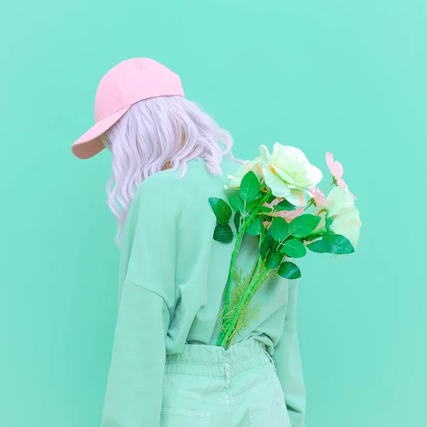 Vanilla summer style. Girl 90s aesthetic. Monochrome color trends.  Aqua Menthe and flowers bloom mood