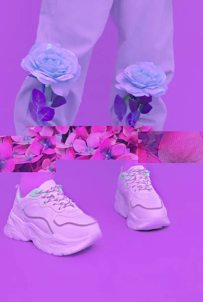 Mode Sneakers Och Blommor Lila Estetiska Monokroma Designtrender — Stockfoto