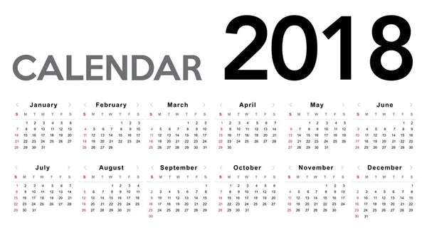 Projeto do modelo de calendário 2018 moderno —  Vetores de Stock