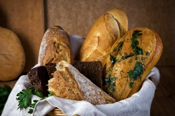 Fresh bread, buckwheat bread, garlic bread, French baguette