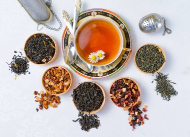 çay, çay, çeşitli çay çeşitleri, tabloda çay fincan