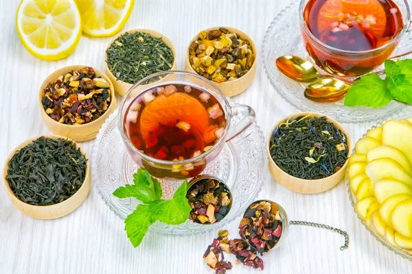 Tea, Cup of tea, various kinds of tea, tea on the table — Stock Photo, Image