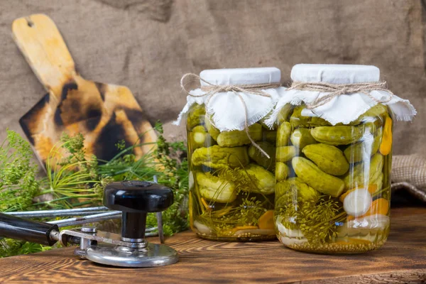 Pepinos marinados, pepinos en un tazón, conjunto de pepinos en vinagre — Foto de Stock