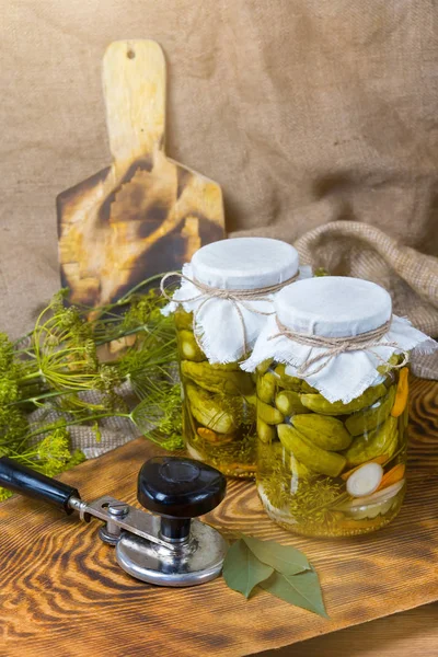 Pepinos marinados, pepinos en un tazón, conjunto de pepinos en vinagre — Foto de Stock