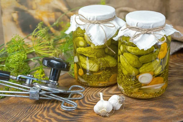 Pepinos marinados, pepinos en un tazón, conjunto de pepinos en vinagre — Foto de Stock