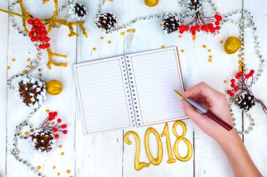 Noel ahşap arka plan koniler ve Not Defteri ile. Not defterinde yazmak eller.