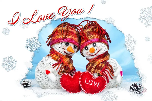 Cinta manusia salju. Salju turun. Konsep cinta. Salam kartu Happy Valentines hari — Stok Foto