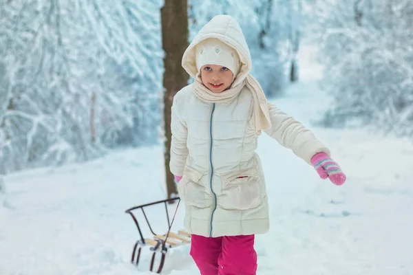 Belle petite fille en hiver dans la neige. toboggan d'hiver. place pour le texte — Photo