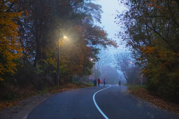 Road in the evening, autumn, fog, children on the road, — Stock Photo, Image