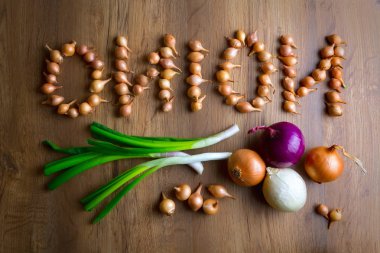 Taze soğan. Soğan arka plan. Üstten Görünüm,