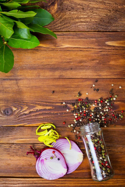 Spices frame on wooden table