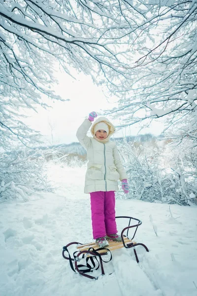 Beautiful little girl in winter in the snow. winter tobogganing. place for text — Stock Photo, Image