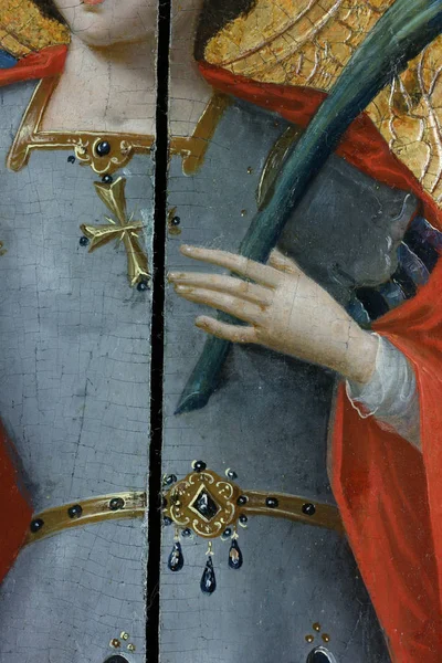 Restaurering av målningen. Fragment med sondering under restaureringsprocessen. gammal målning. — Stockfoto