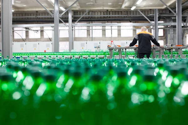 Green plastic bottles on the conveyor belt at the plant