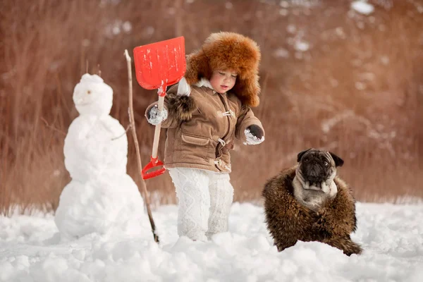 Baby for a walk in winter with a pug — Stock Photo, Image