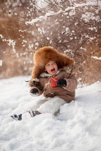 Baby for a walk in winter with a pug — Stock Photo, Image