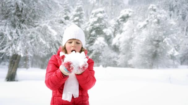 Маленька дівчинка дме сніг — стокове відео