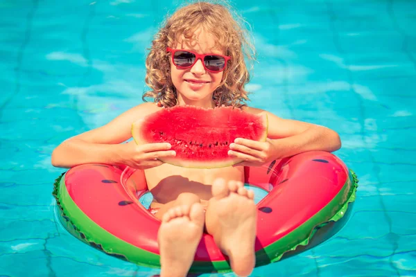 Child with watermelon outdoor. — Stock Photo, Image