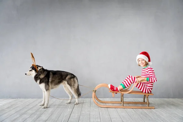 Happy child and dog on Christmas eve — Stock Photo, Image