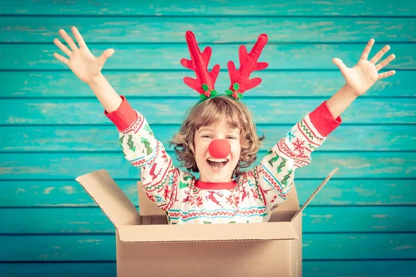 Funny Christmas reindeer in cardboard box — Stock Photo, Image