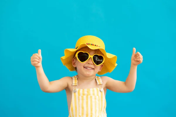 Portrait Happy Child Blue Background Kid Having Fun Summer Vacation — Stock Photo, Image