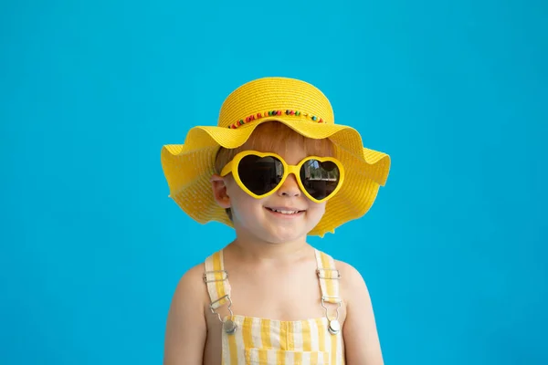 Portrait Happy Child Blue Background Kid Having Fun Summer Vacation — Stock Photo, Image