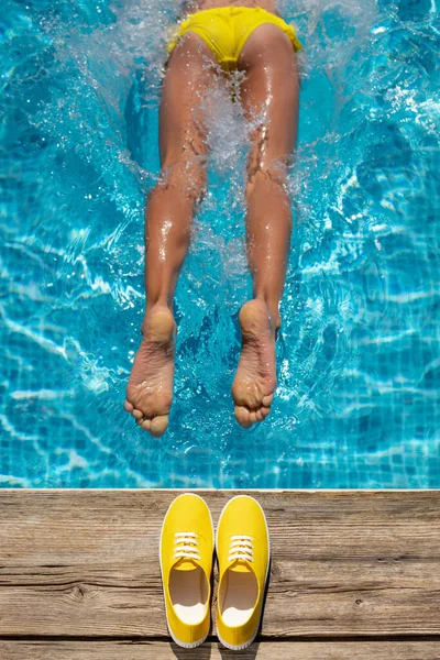 Happy Child Having Fun Summer Vacation Kid Jumping Swimming Pool — Stock Photo, Image