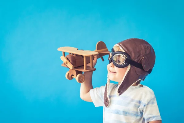 Happy Child Playing Vintage Wooden Airplane Kid Having Fun Blue — Stock Photo, Image