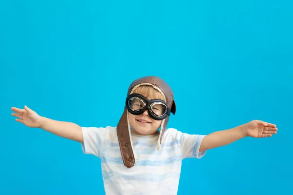 Happy Child Playing Vintage Wooden Airplane Kid Having Fun Blue — Stock Photo, Image