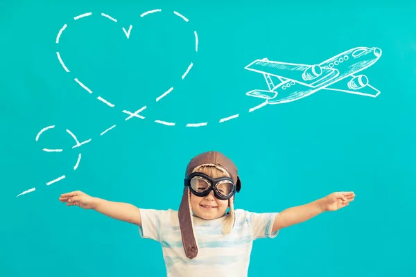 Happy Child Playing Vintage Wooden Airplane Kid Having Fun Blue — Stock Photo, Image