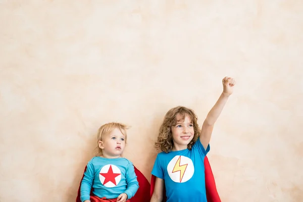 Superheroes Children Playing Home Super Heroes Kids Having Fun Indoor — Stock Photo, Image