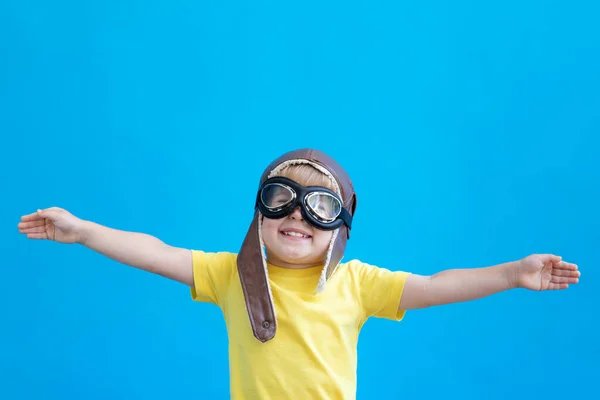 Happy Child Playing Vintage Wooden Airplane Kid Having Fun Blue — Stock Photo, Image