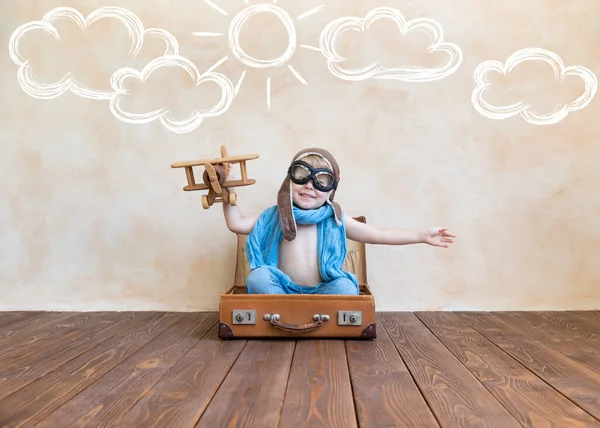 Happy Child Playing Vintage Wooden Airplane Kid Having Fun Home — Stock Photo, Image