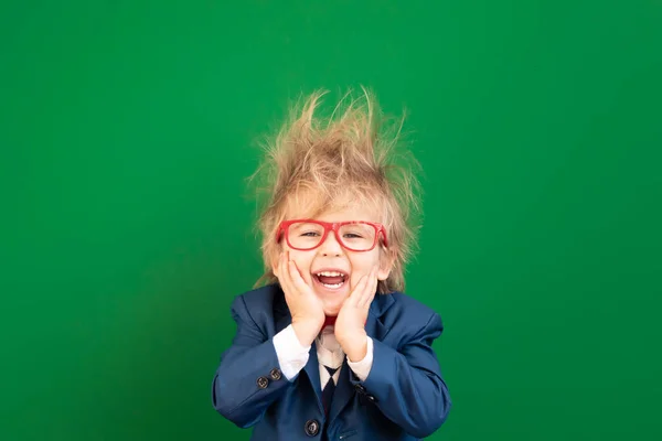 Skvělý Nápad Vtipný Dětský Student Třídě Šťastné Dítě Proti Zelené — Stock fotografie