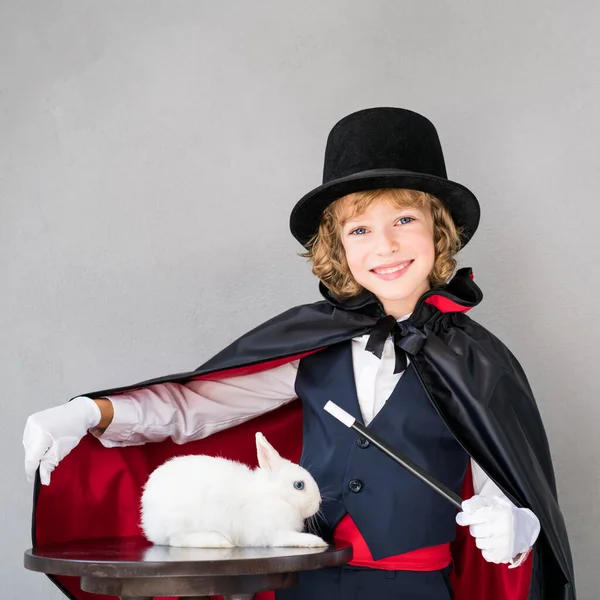 Child Magician Cute Rabbit Happy Kid Playing Home Imagination Magic — Stock Photo, Image