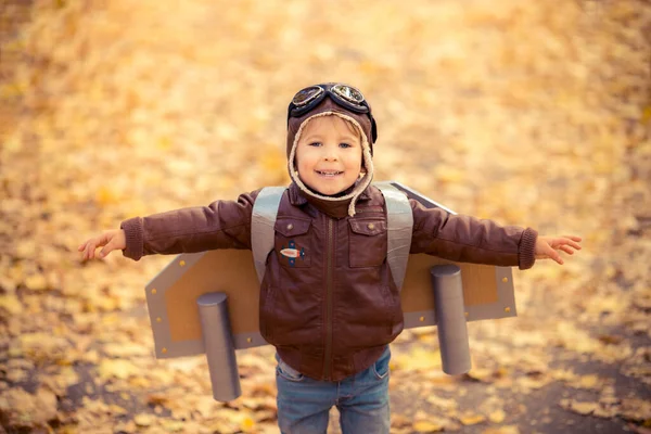 Szczęśliwe Dziecko Bawiące Się Świeżym Powietrzu Jesiennym Parku Kid Pilot — Zdjęcie stockowe