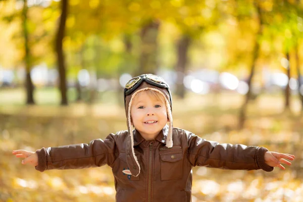 快乐的孩子在秋天的公园里玩得很开心 小孩飞行员在黄色模糊的树叶背景下玩耍 — 图库照片