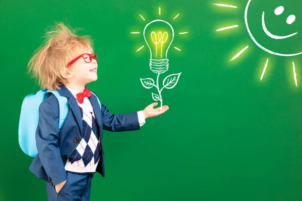 Strahlende Idee Lustiger Schüler Mit Rucksack Unterricht Glückliches Kind Gegen — Stockfoto