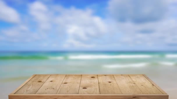 屋外のビーチの海の背景にある木製のテーブル — ストック動画